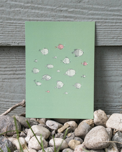 Dozing Mint and Coral Fishes on a Green Background Print