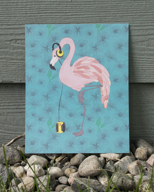 Flamingo Walkman on Hibiscus Print